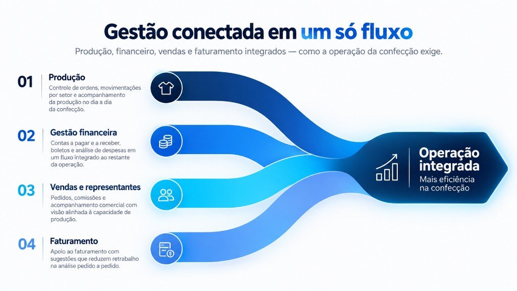 Fluxo integrado entre produção, gestão financeira, vendas e faturamento