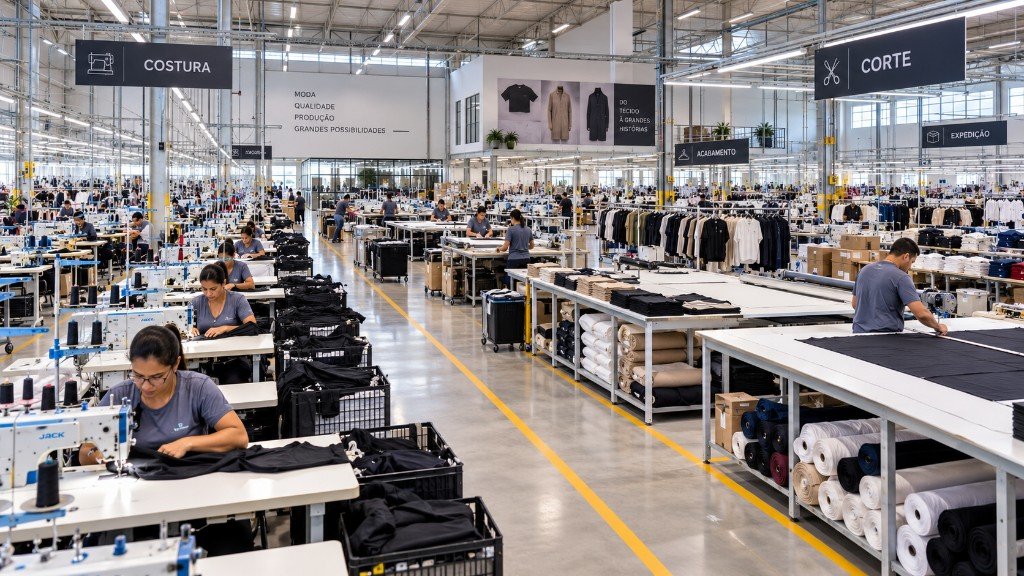 Linha de produção em indústria de confecção
